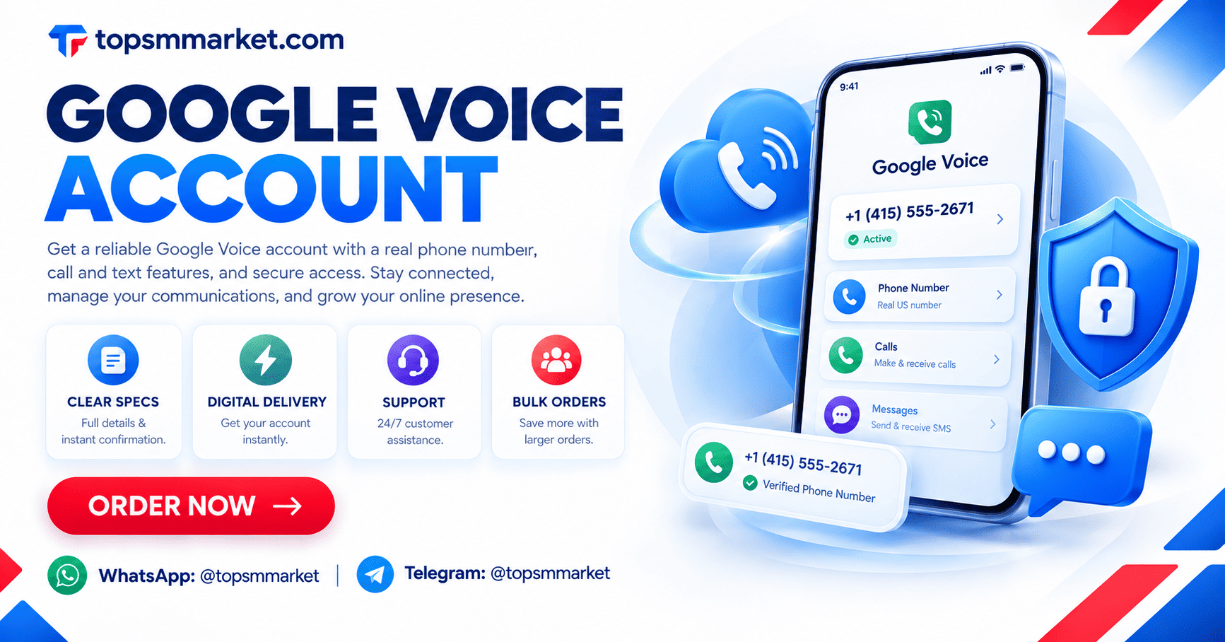 Google Voice number account with calling and messaging features
